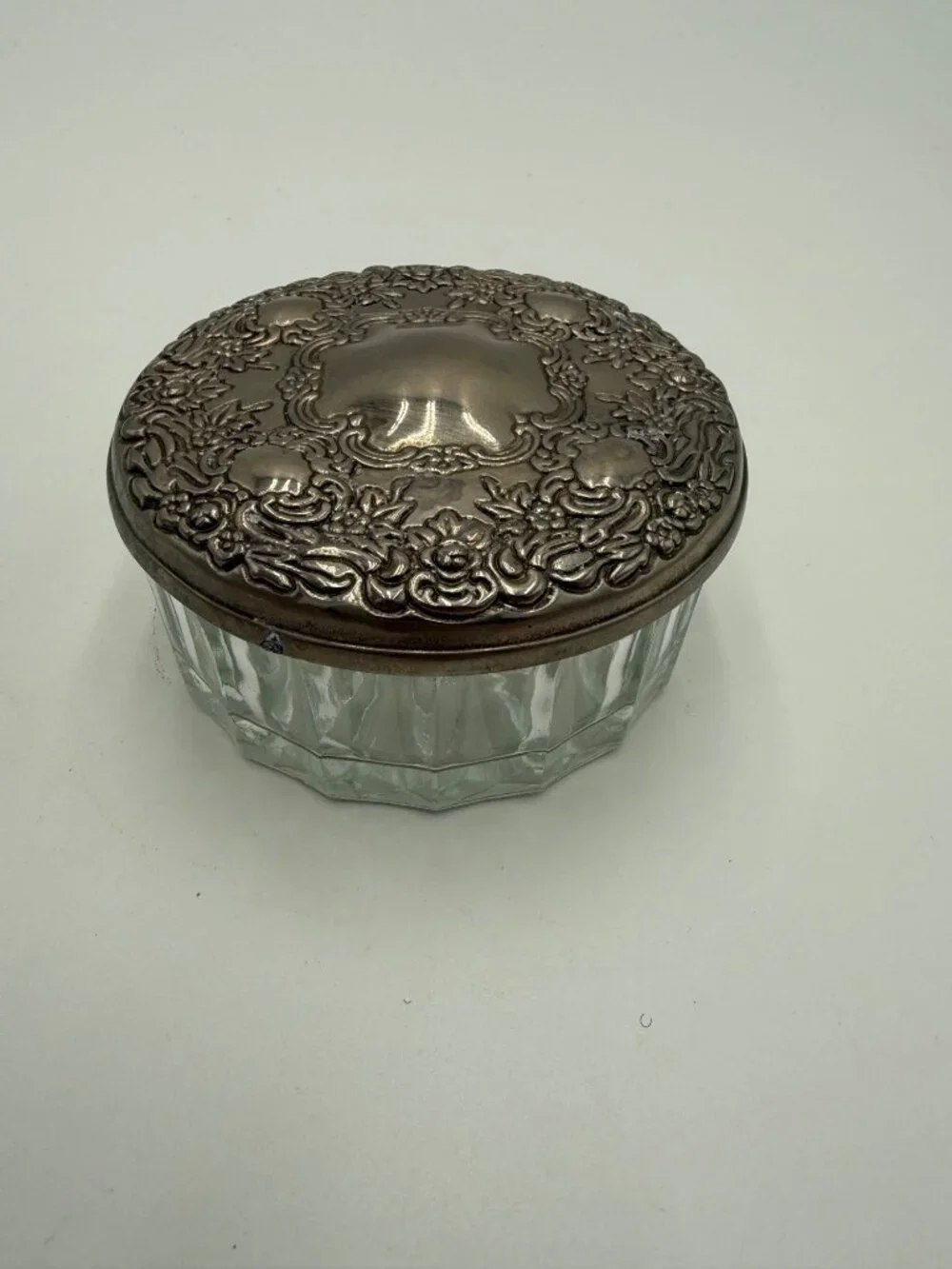 Vintage Glass Vanity Jar Ornate Silver Tone Lid Floral Design Scalloped Body